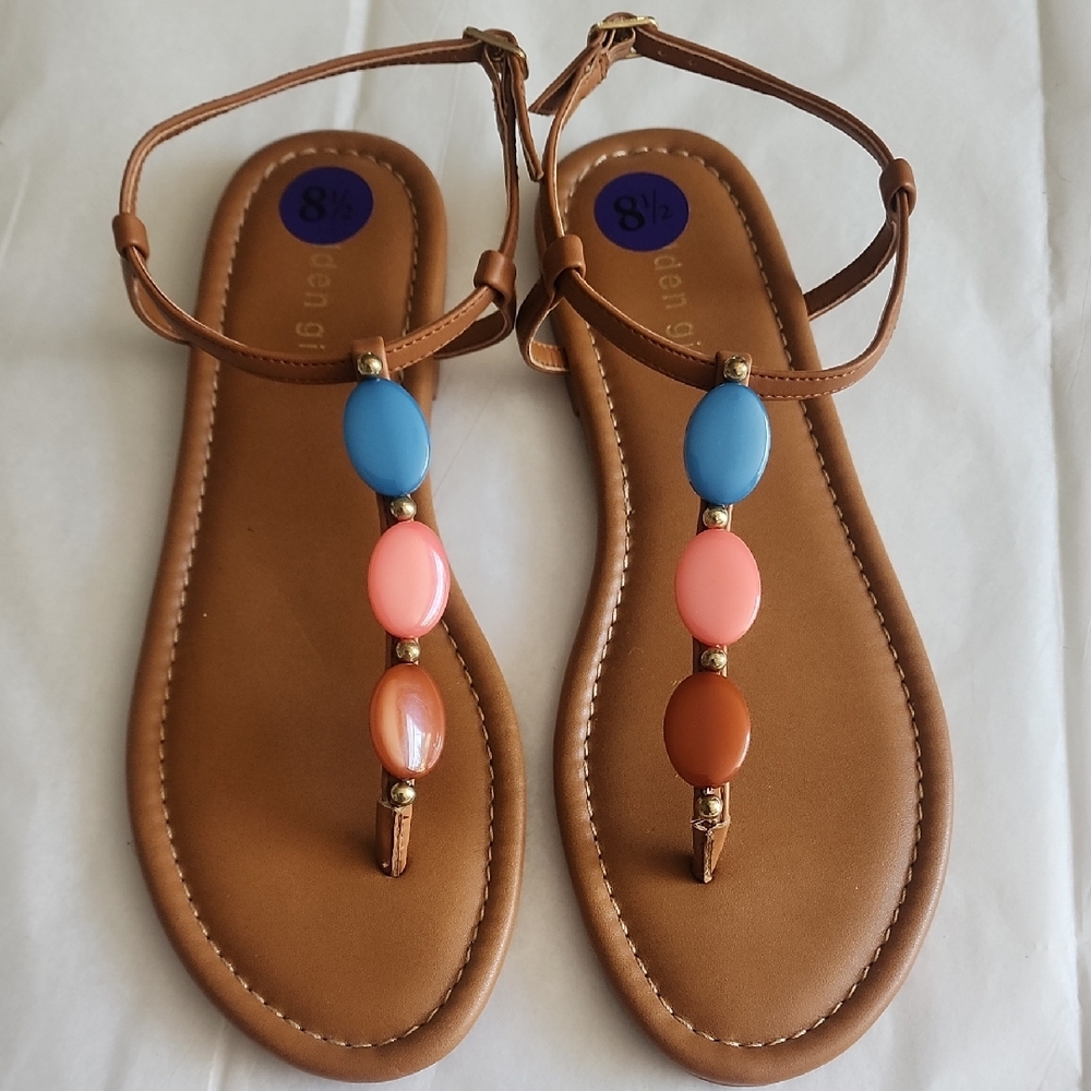Madden Girl Brown T-Strap Flats with Blue and Pink Gem Accents